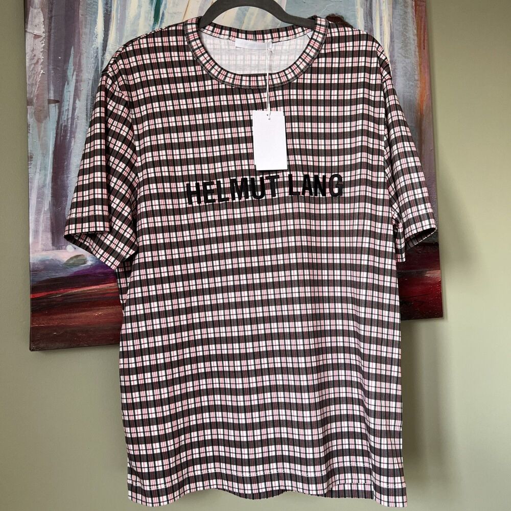 Helmut Lang Logo Tee Mini Digital Check Red Black T-Shirt Men's Sz S Cotton NWT